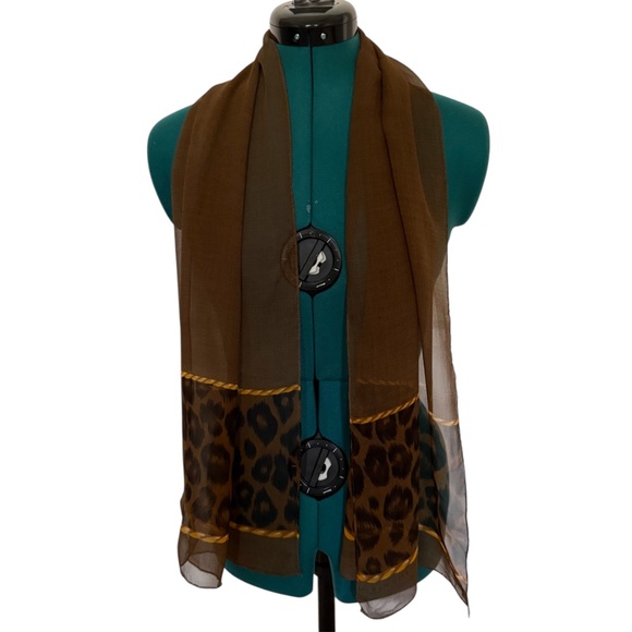 Vintage Anne Klein 100% Silk Leopard‎ Print Rectangular Scarf 15x57 Brown Gold - Picture 2 of 7